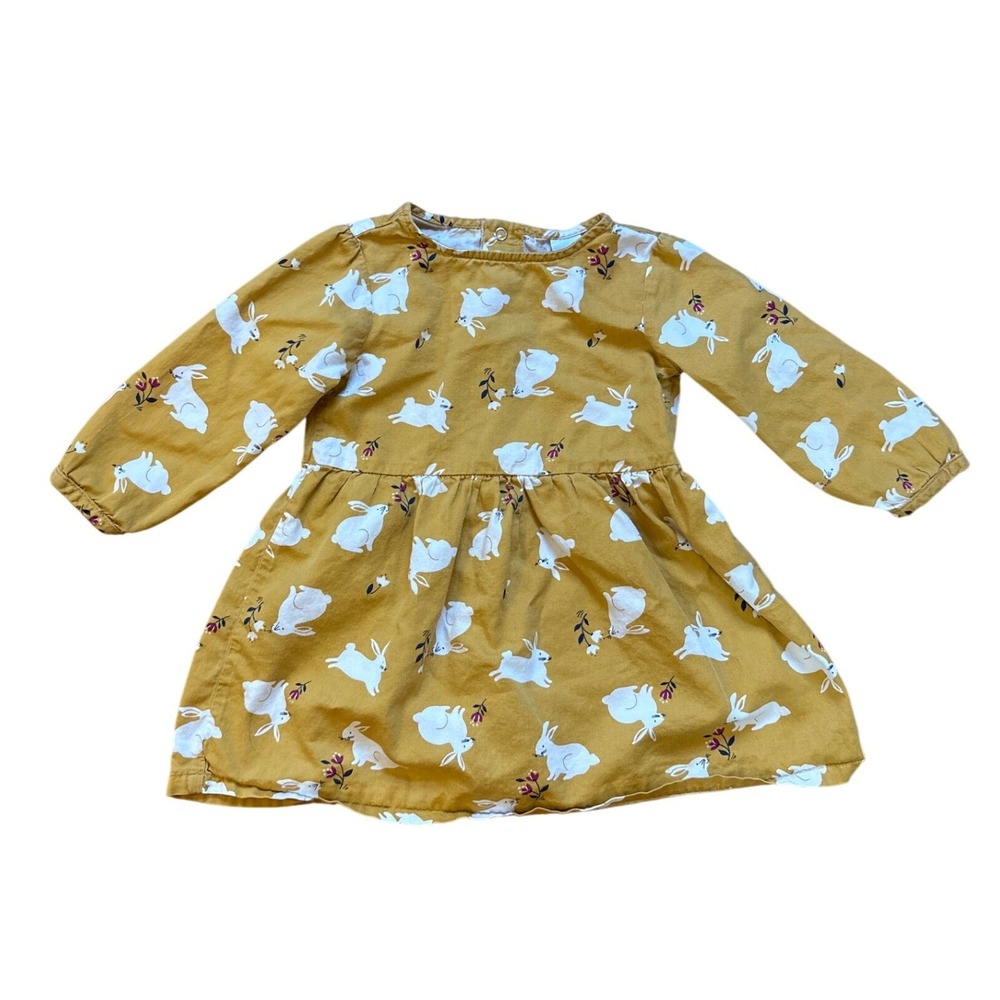 Carters Bunny Print Dress Kids Mustard Yellow Long‎ Sleeve SIZE 18m